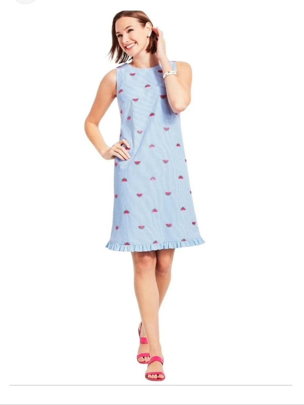 Talbots Light Blue and White Seersucker Embroidered Watermellon Dress 10P